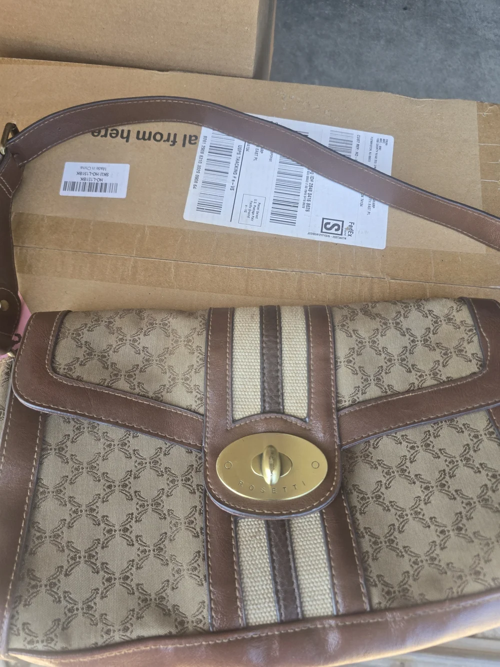 Rosetti Brown Patterned Canvas & Leather Messenger Bag